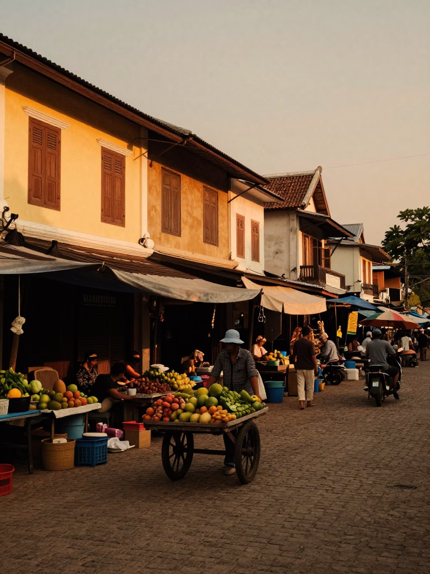 Copper-Toned Dusk Street Scene in Luang Prabang Laos with Local Market Activity in in Luang Prabang, Laos