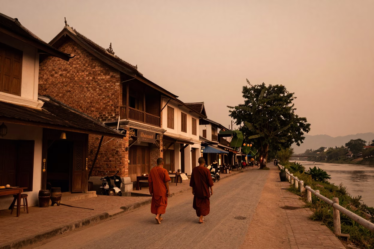 Copper-toned dusk street scene in Luang Prabang Laos with monks and local vendors in in Luang Prabang, Laos