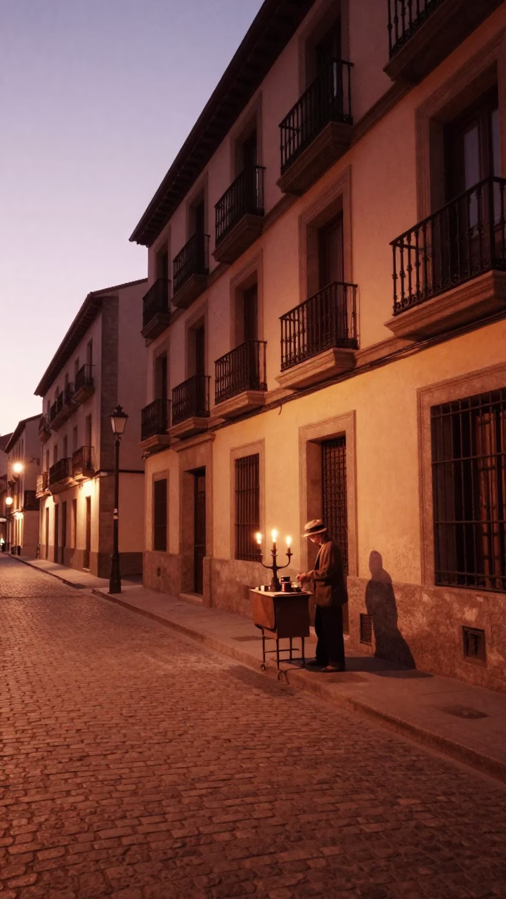 Copper-toned dusk street scene in Madrid Spain with traditional candlestick vendor in in Madrid, Spain