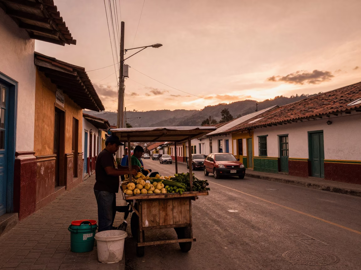 Copper-Toned Dusk Street Scene in Medellin Colombia with Local Market Elements in in Medellin, Colombia