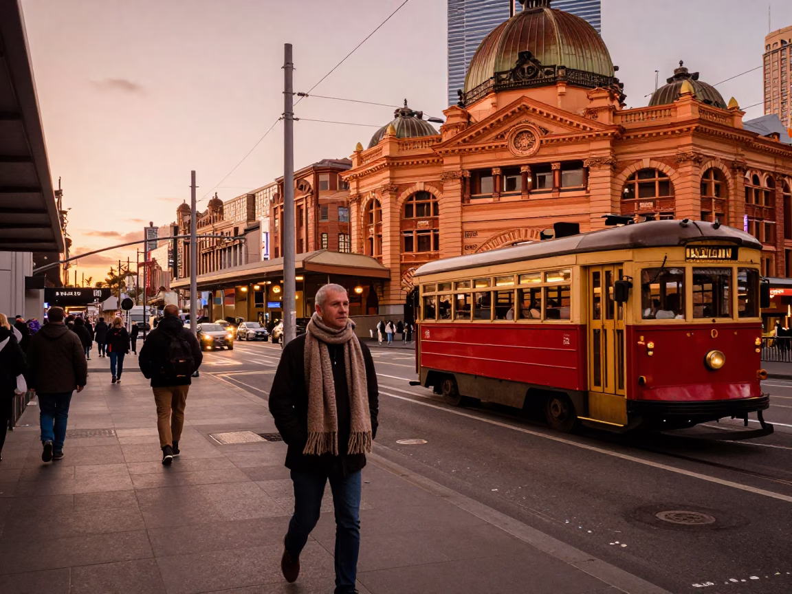 Copper-toned Dusk Street Scene in Melbourne Victoria with Pedestrians and Heritage Architecture in in Melbourne, Victoria, Australia