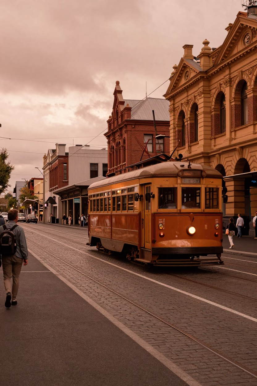 Copper-toned dusk street scene in Melbourne Victoria with vintage tram and local pedestrians in in Melbourne, Victoria, Australia