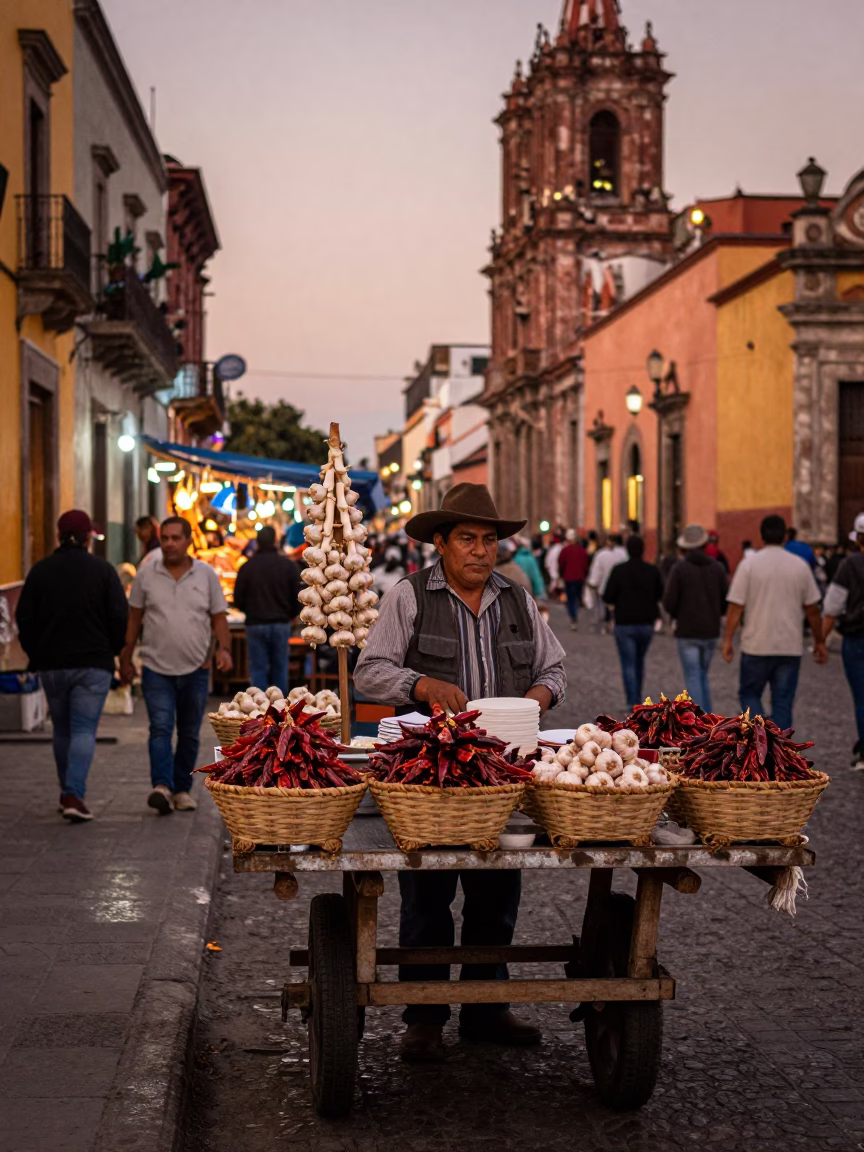 Copper Toned Dusk Street Scene in Mexico City Market with Garlic and Honey in in Mexico City, Mexico