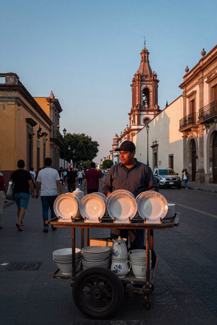 Copper Toned Dusk Street Scene in Mexico City with Blue and White Porcelain in in Mexico City, Mexico