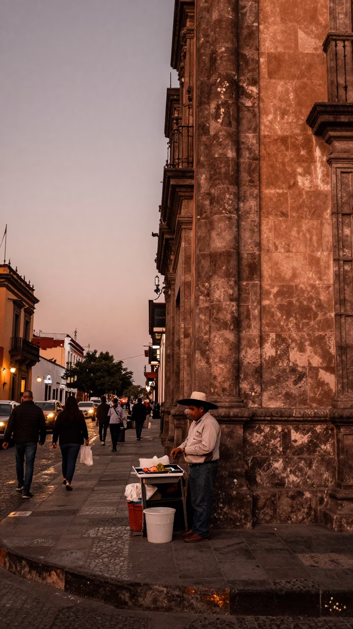 Copper-toned dusk street scene in Mexico City with local vendor and everyday objects in in Mexico City, Mexico