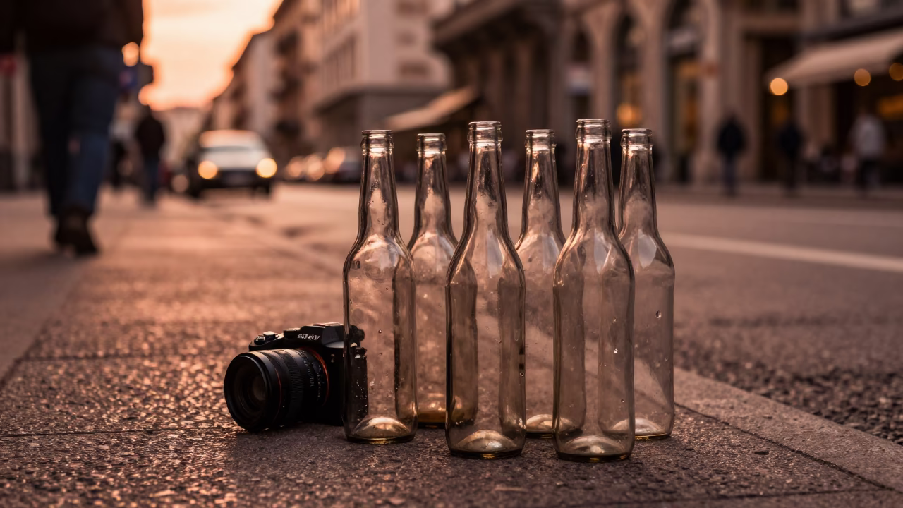 Copper-toned dusk street scene in Milan Italy with glass bottles and fresh croissants in in Milan, Italy