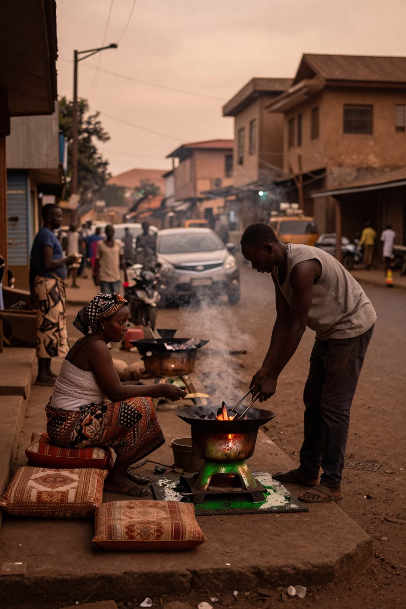 Copper-Toned Dusk Street Scene in Nairobi Kenya With Cushions and Stovetop Kettle in in Nairobi, Kenya