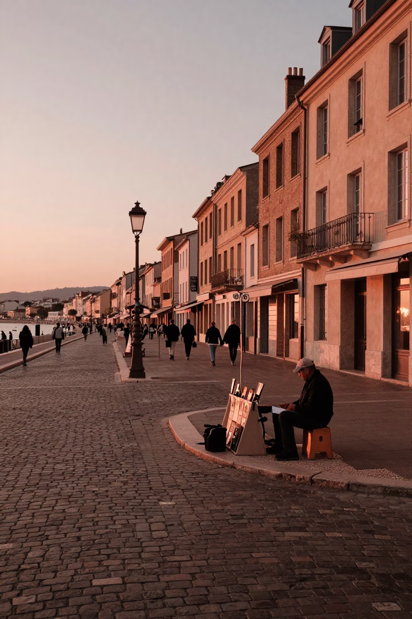 Copper Toned Dusk Street Scene in Nice France with Local Artisan in in Nice, France