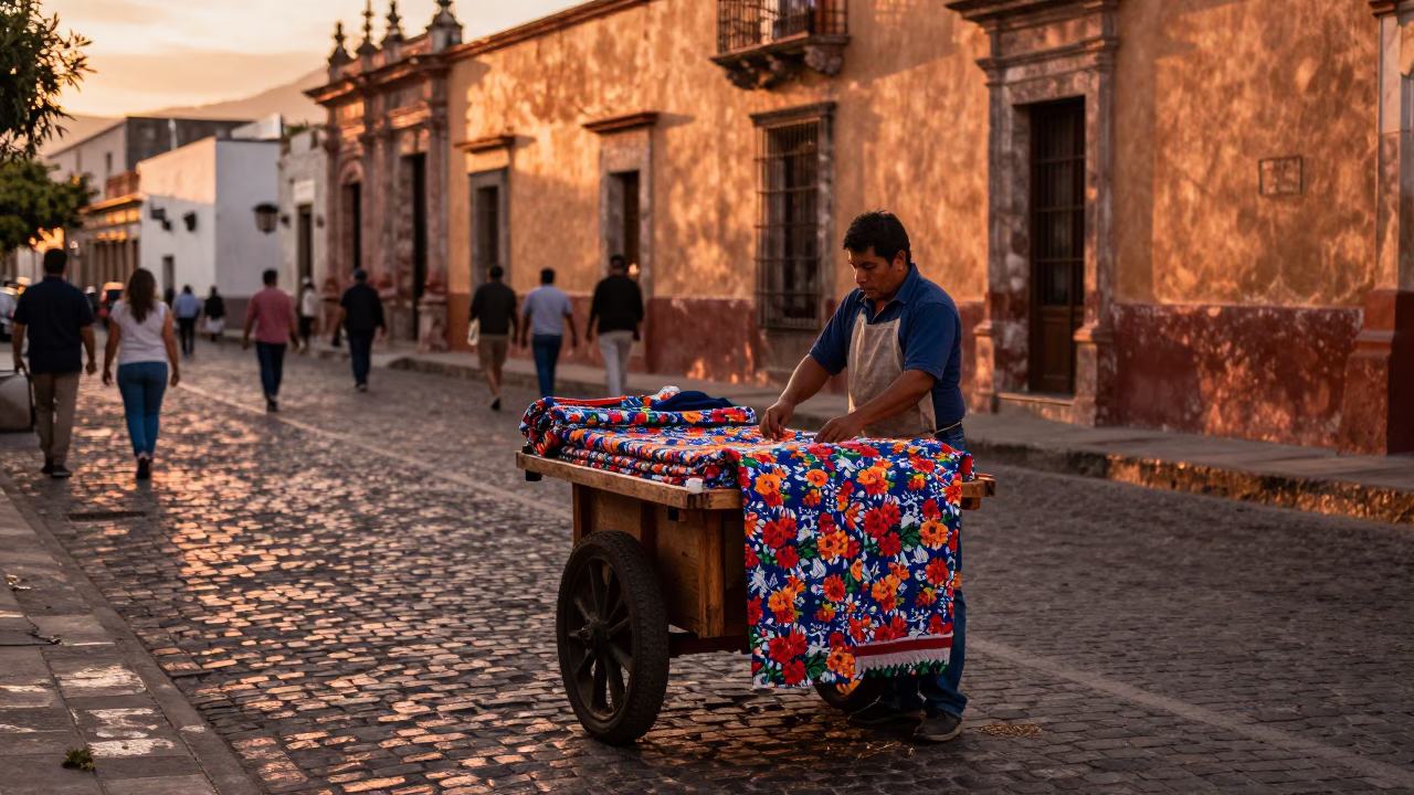Copper Toned Dusk Street Scene in Oaxaca Mexico with Floral Cotton Fabric in in Oaxaca, Mexico