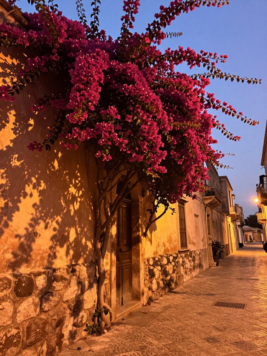 Copper-Toned Dusk Street Scene in Palermo Italy with Bougainvillea and Local Life in in Palermo, Italy