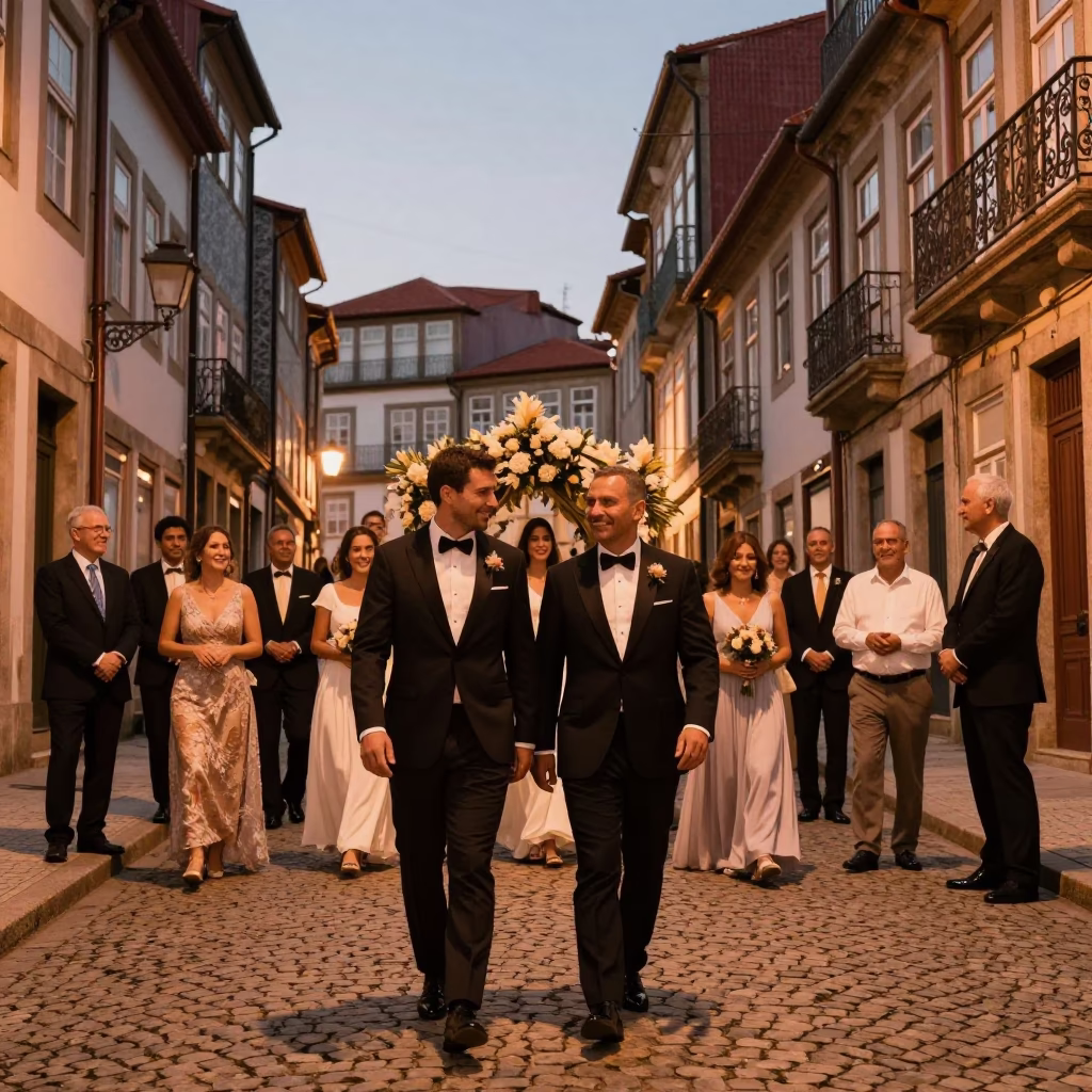 Copper-toned Dusk Street Scene in Porto Portugal with Traditional Wedding Procession in in Porto, Portugal