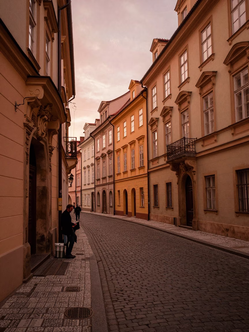 Copper Toned Dusk Street Scene in Prague Czech Republic with Vintage Urban Details in in Prague, Czech Republic