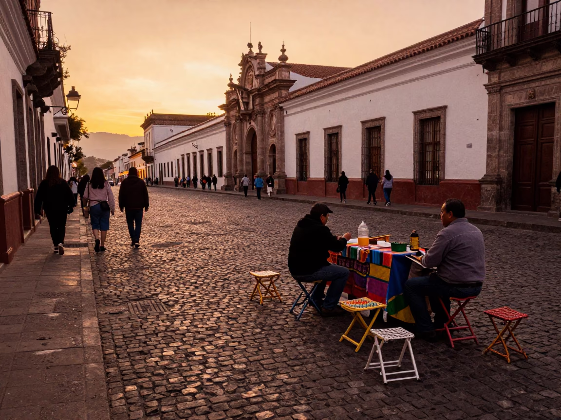 Copper Toned Dusk Street Scene in Quito Ecuador with Folding Stools and Local Activity in in Quito, Ecuador