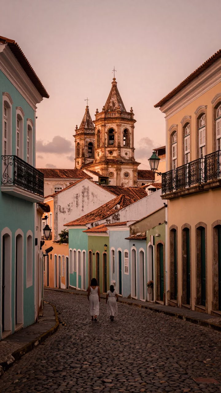 Copper-toned dusk street scene in Salvador Brazil with colonial architecture and daily life in in Salvador, Brazil