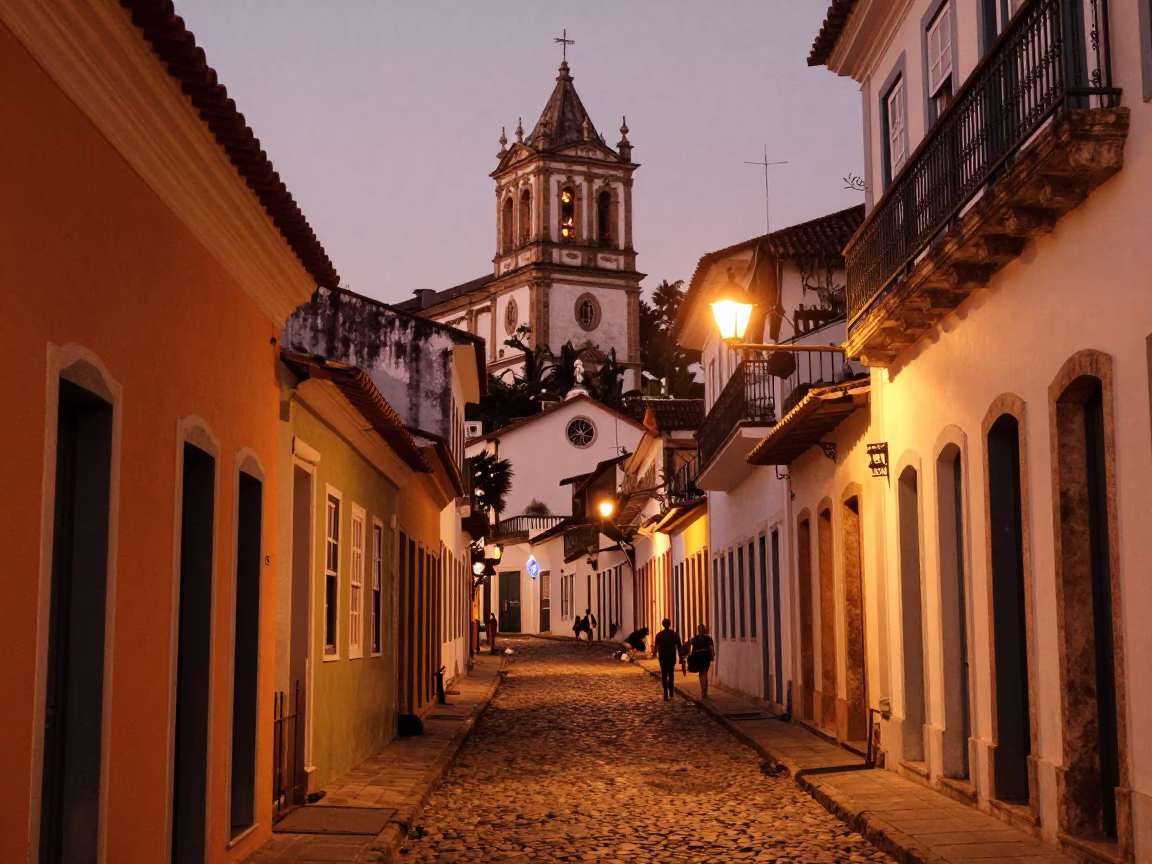 Copper-toned dusk street scene in Salvador Brazil with colorful colonial architecture and locals in in Salvador, Brazil