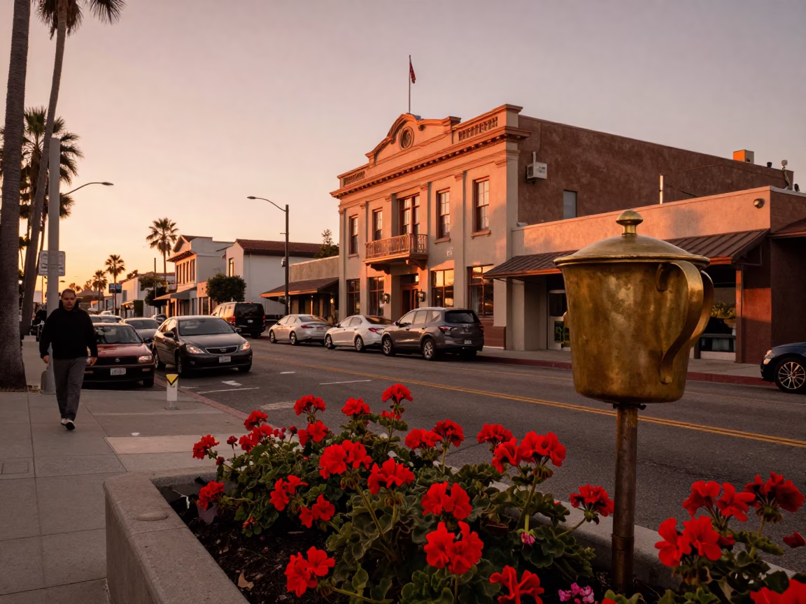 Copper-toned dusk street scene in San Diego with geraniums and brass details in in San Diego, California, United States