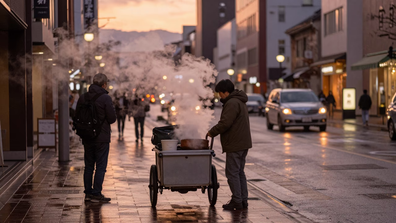 Copper Toned Dusk Street Scene in Sapporo Japan with Steam Haze and Urban Details in in Sapporo, Japan