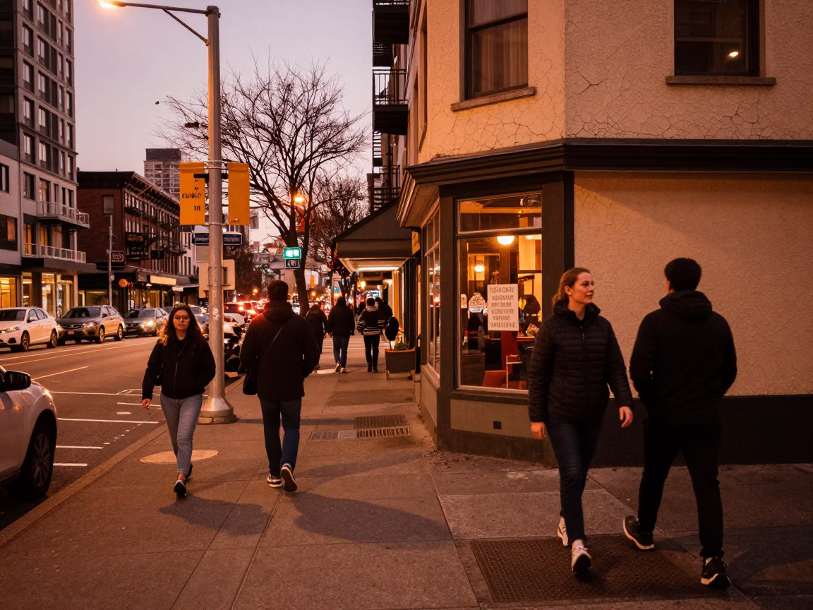 Copper-toned dusk street scene in Seattle Washington with pedestrians and urban details in in Seattle, Washington, United States