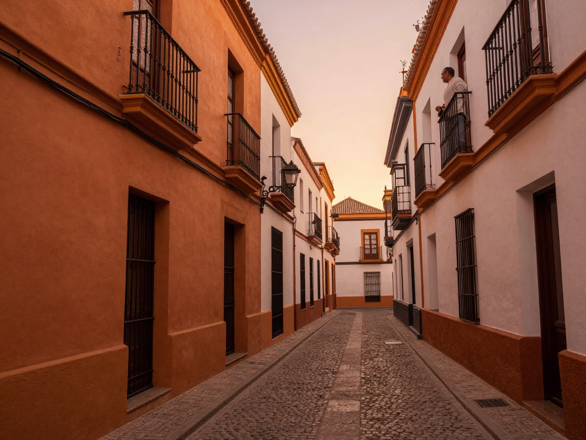 Copper-toned dusk street scene in Seville Spain with local life details in in Seville, Spain