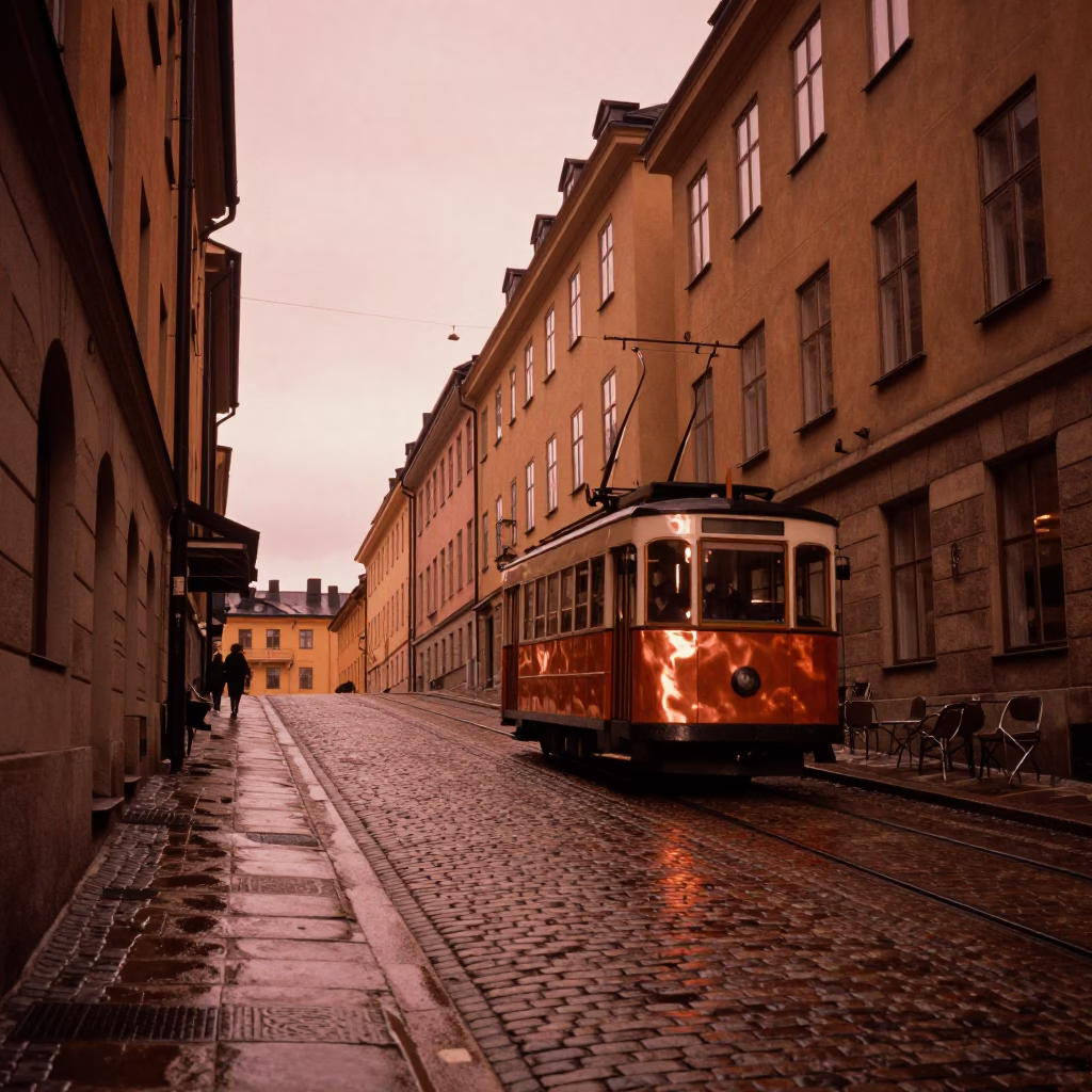 Copper-toned Dusk Street Scene in Stockholm Sweden with Funicular Climbing Steep Hill in in Stockholm, Sweden