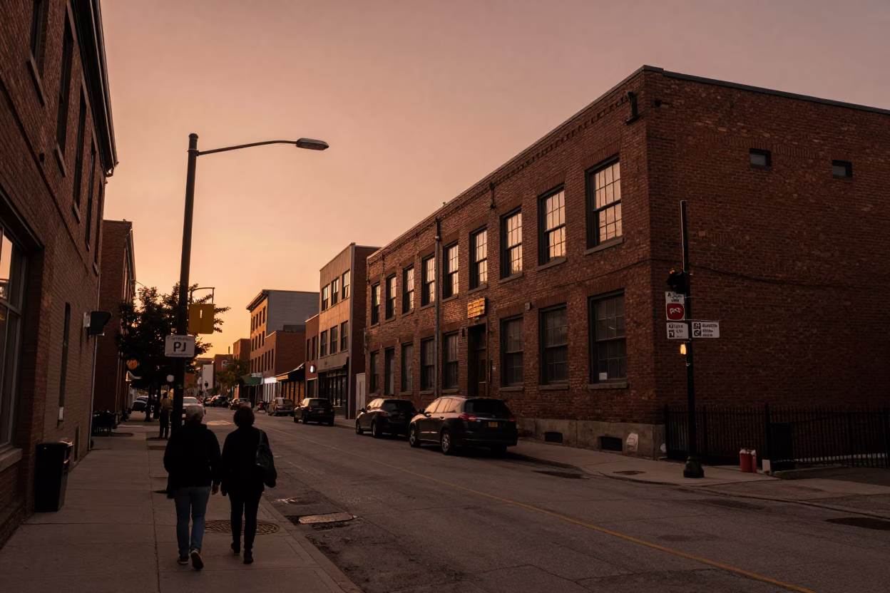 Copper-toned dusk street scene in Toronto Ontario with local pedestrians and urban architecture in in Toronto, Ontario, Canada