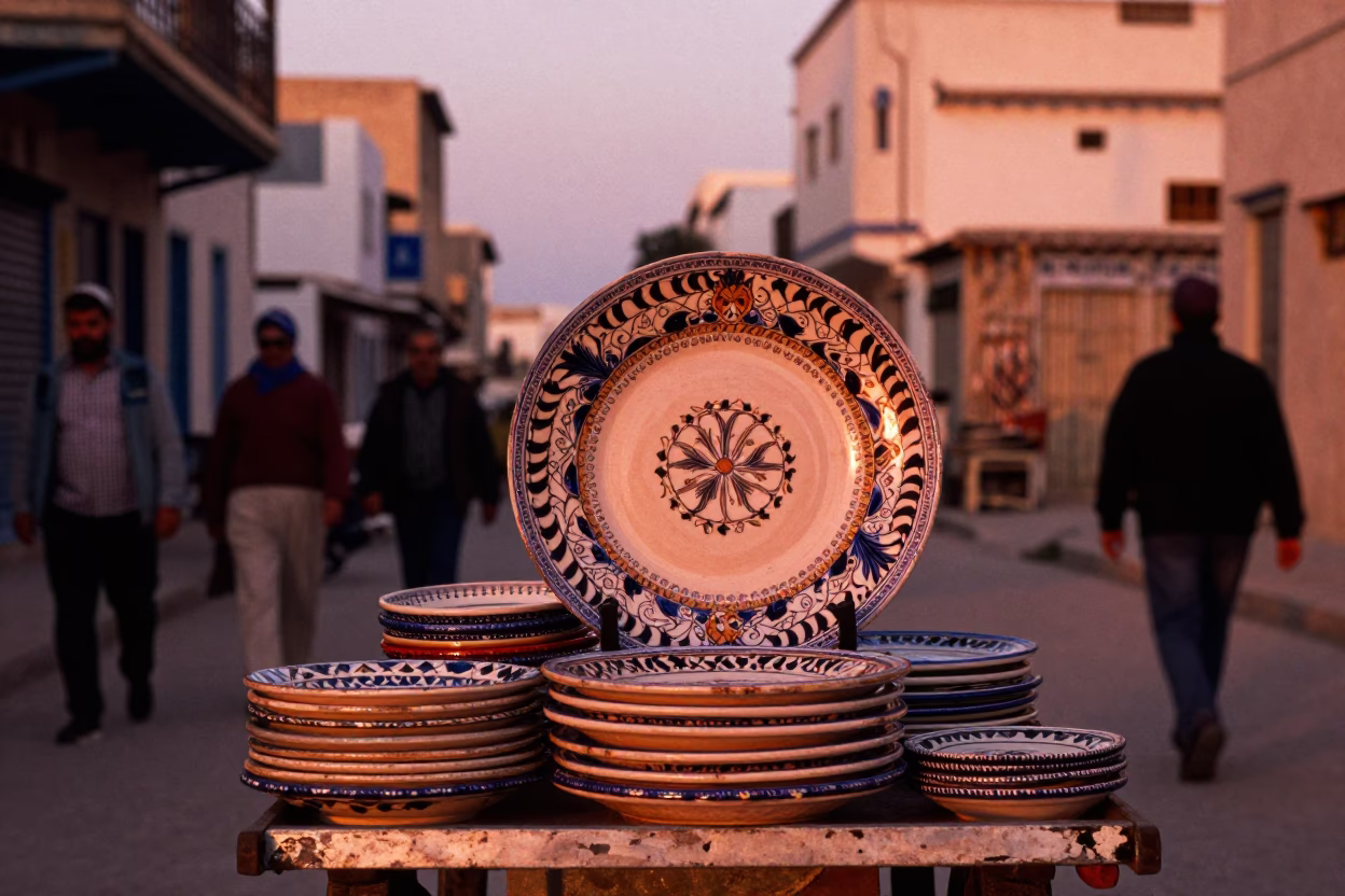 Copper-toned dusk street scene in Tunis Tunisia with vintage majolica plate and dust in in Tunis, Tunisia