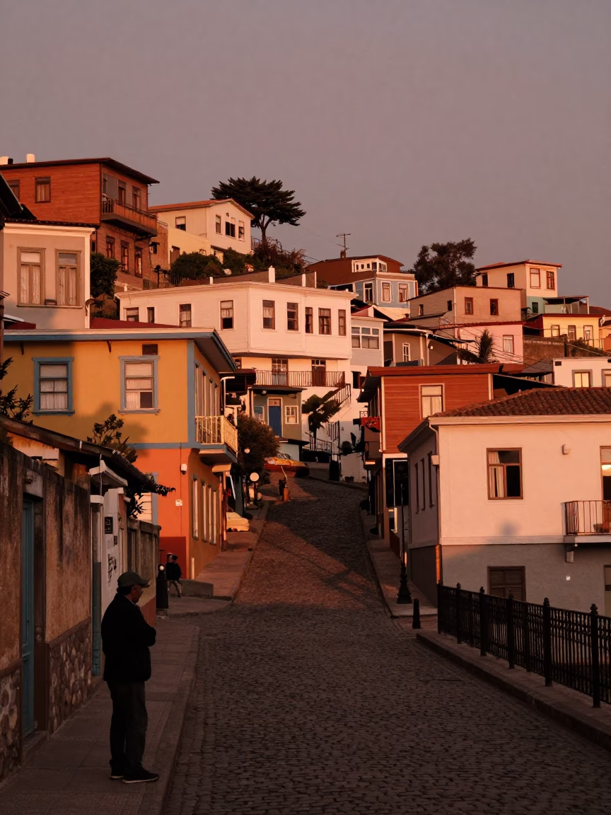 Copper-toned dusk street scene in Valparaiso Chile with leaf shadows on tile in in Valparaiso, Chile