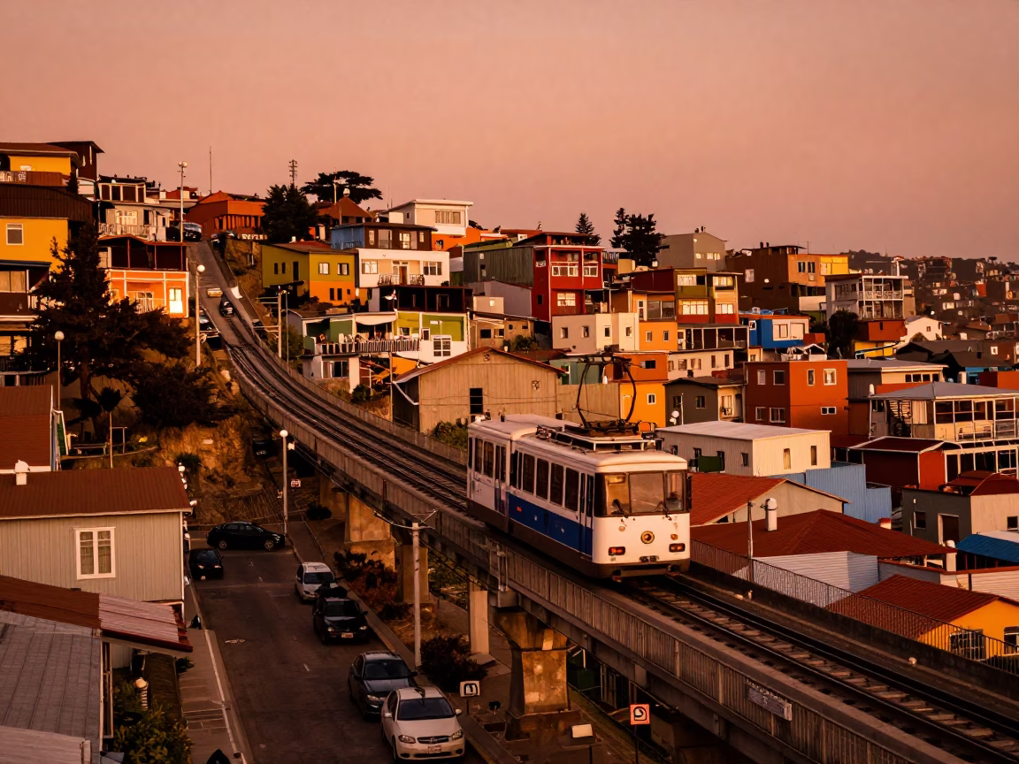Copper Toned Dusk Street Scene in Valparaiso Chile with Monorail and Ferry in in Valparaiso, Chile