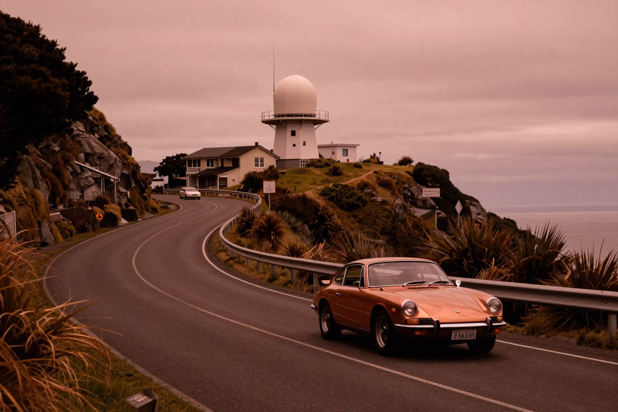 Copper-toned dusk street scene in Wellington New Zealand with vintage car and crate in in Wellington, New Zealand