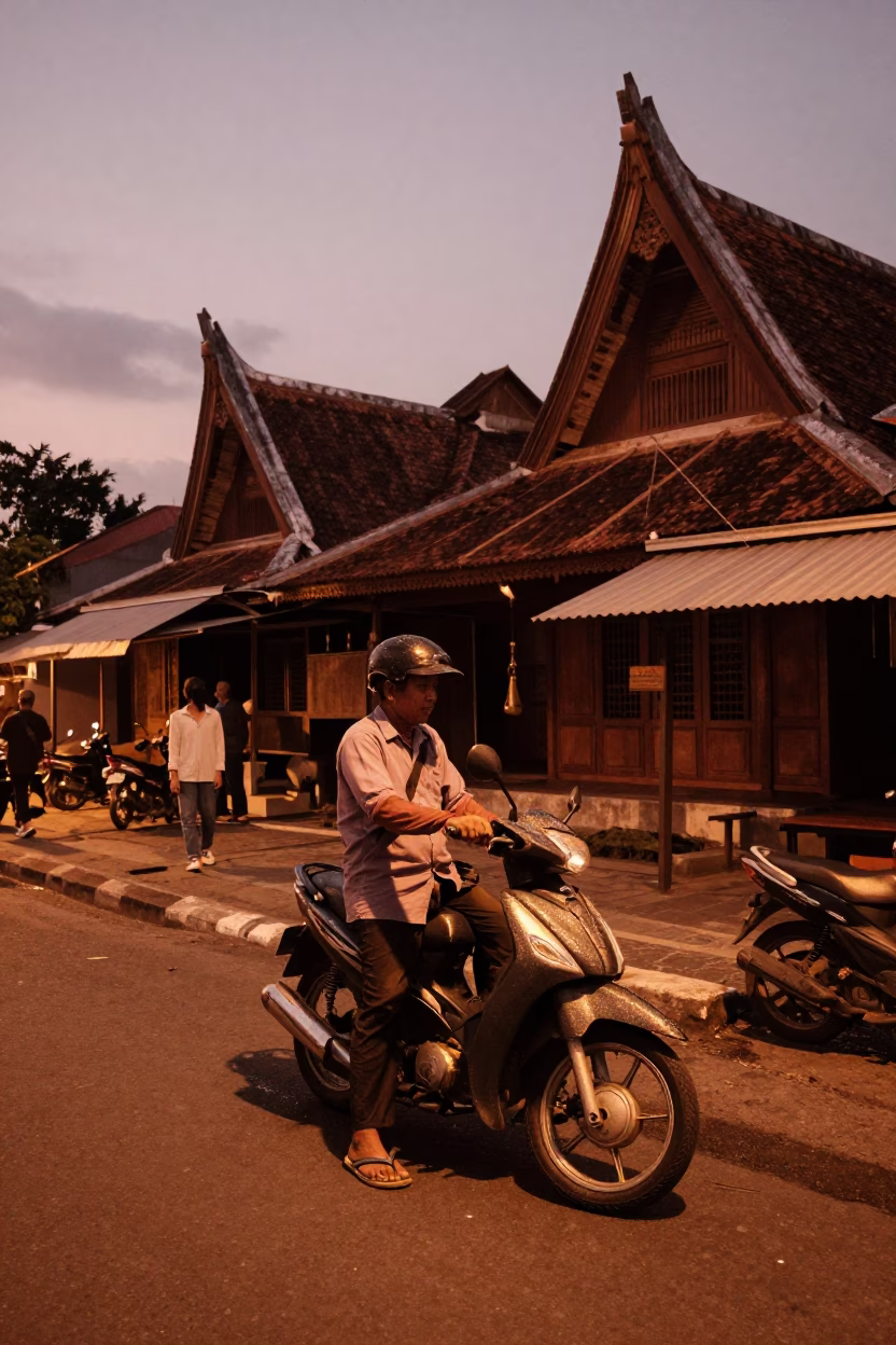 Copper-toned Dusk Street Scene in Yogyakarta Indonesia with Condensation on Latch in in Yogyakarta, Indonesia