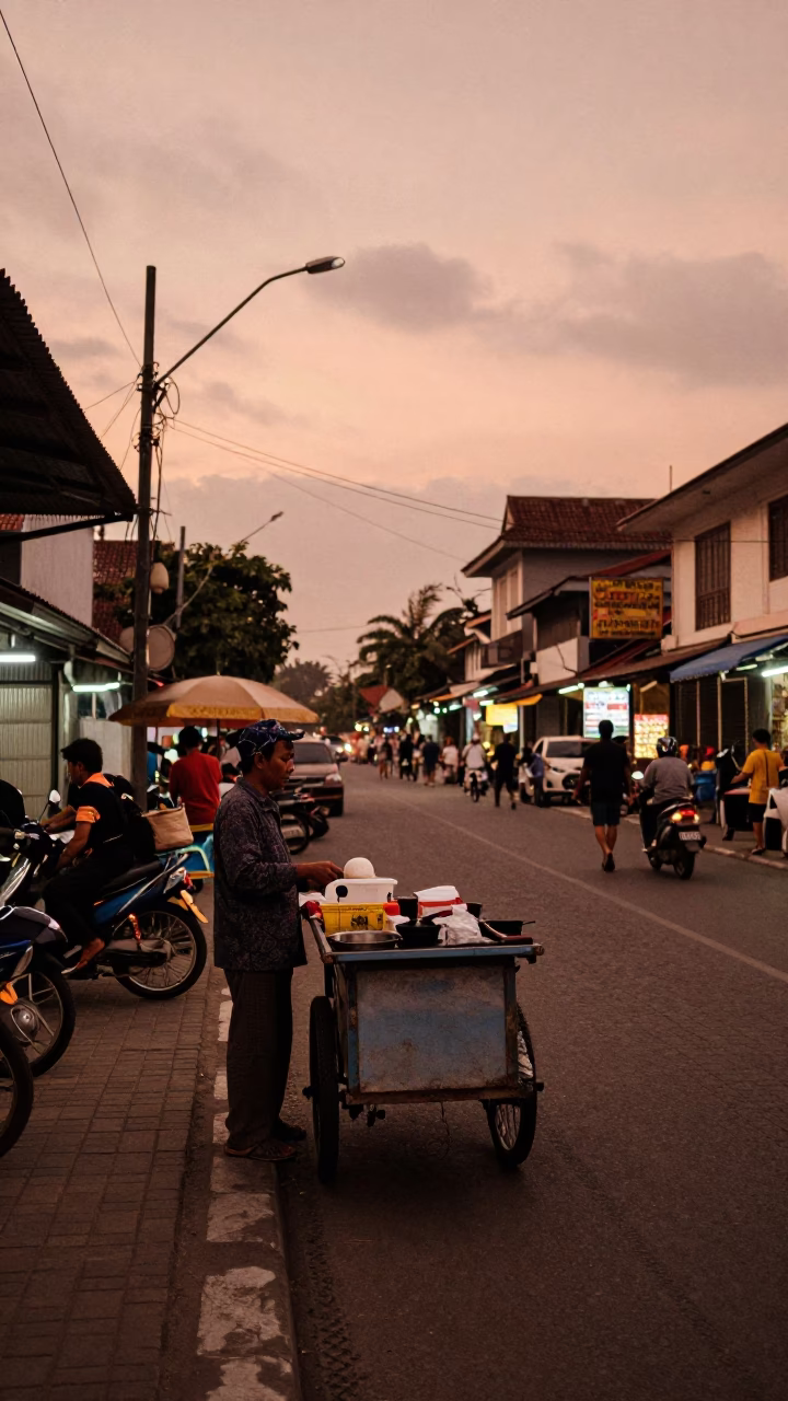 Copper-toned dusk street scene in Yogyakarta Indonesia with local vendor and bougainvillea in in Yogyakarta, Indonesia