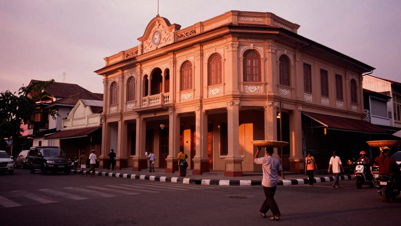 Copper-toned dusk street scene in Yogyakarta Indonesia with vintage majolica plate and grapes in in Yogyakarta, Indonesia