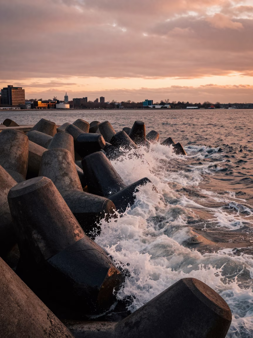 Copper Toned Dusk View of Boston Massachusetts Harbor Breakwater Tetrapods and Surf in in Boston, Massachusetts, United States