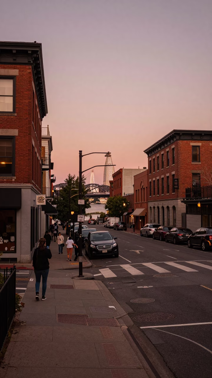 Copper Toned Dusk View of Portland Oregon Street Corner with Local Shop Window Display in in Portland, Oregon, United States