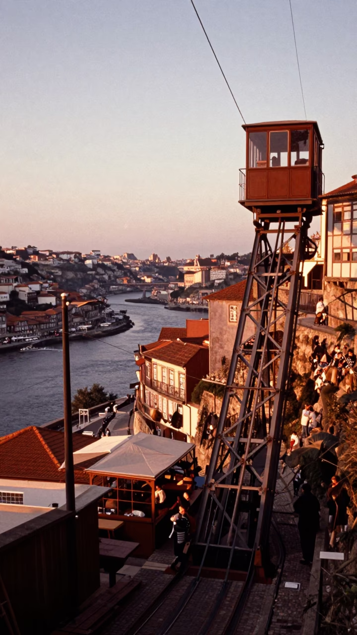 Copper-Toned Dusk View of Porto Funicular Approaching Cliffside Restaurant Near Douro River in in Porto, Portugal