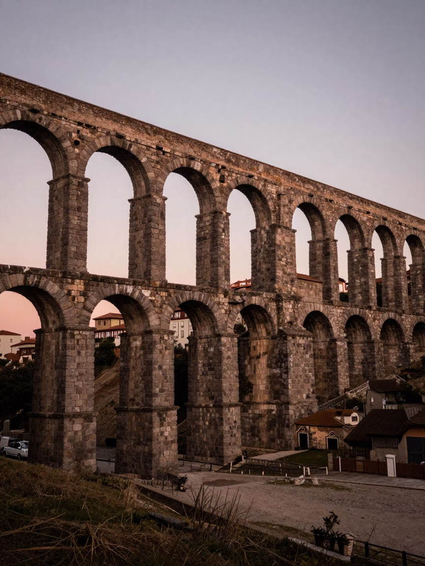 Copper-toned dusk view of Porto Portugal historic stone aqueduct spanning dry river valley in in Porto, Portugal