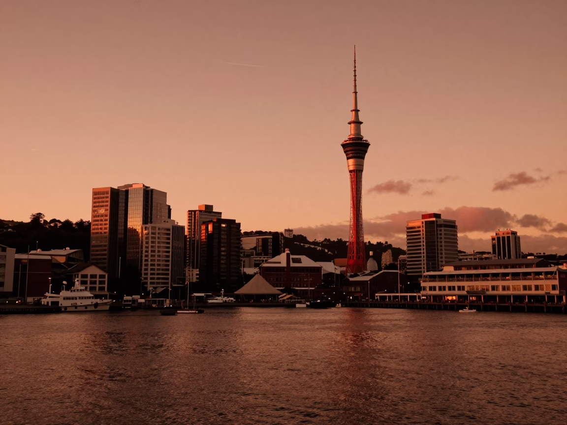 Copper Toned Dusk View of Wellington Harbour with Red Ferris Wheel and Waterfront Promenade in in Wellington, New Zealand