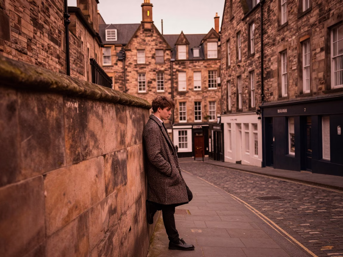 Copper Toned Edinburgh Street Scene Before Dusk with Vintage Recorder and Sketchbook in in Edinburgh, United Kingdom