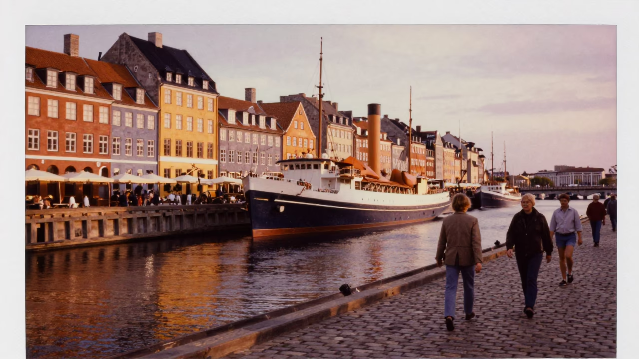 Copper Toned Evening in Copenhagen Harbor with Steamship and Pedestrians in in Copenhagen, Denmark
