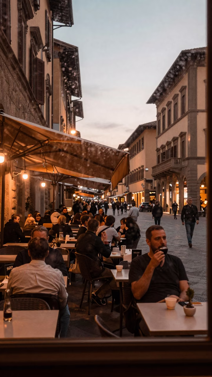 Copper Toned Evening in Florence Italy Street Scene with Condensation on Window Frame in in Florence, Italy