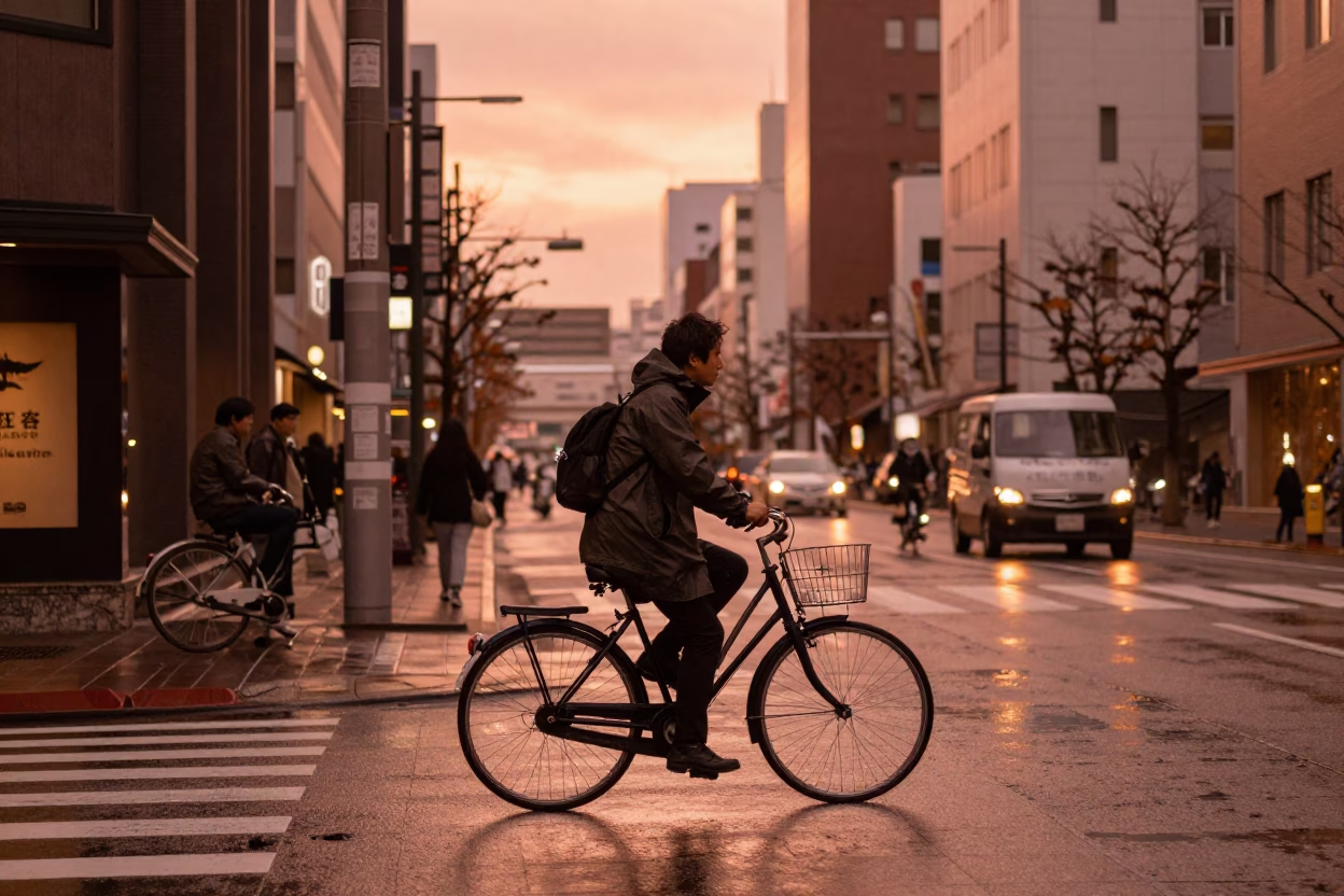 Copper Toned Evening in Sapporo Japan Street Scene with Bicycle and Raspberries in in Sapporo, Japan