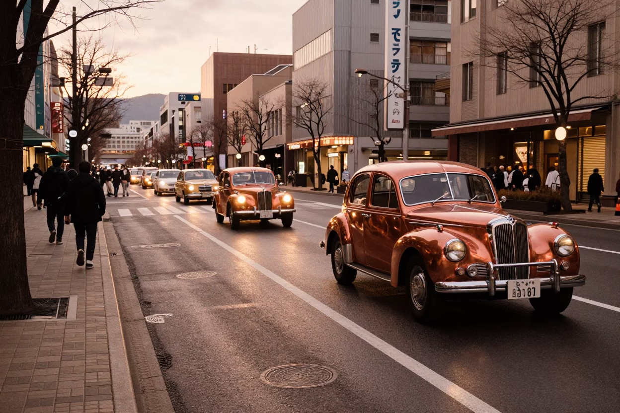 Copper Toned Evening in Sapporo Japan Street Scene with Vintage Car Rally in in Sapporo, Japan