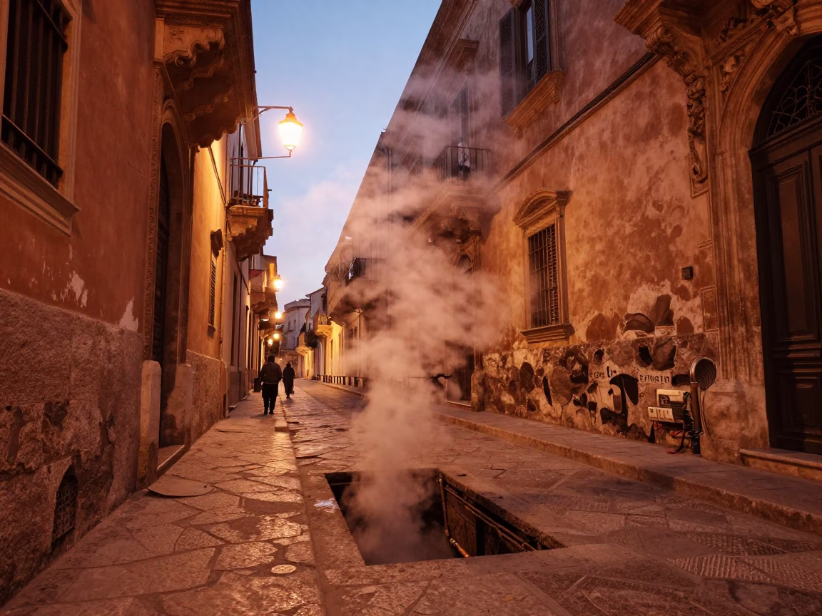Copper-Toned Evening Light in Palermo Italy Street Scene with Steam and Urban Details in in Palermo, Italy