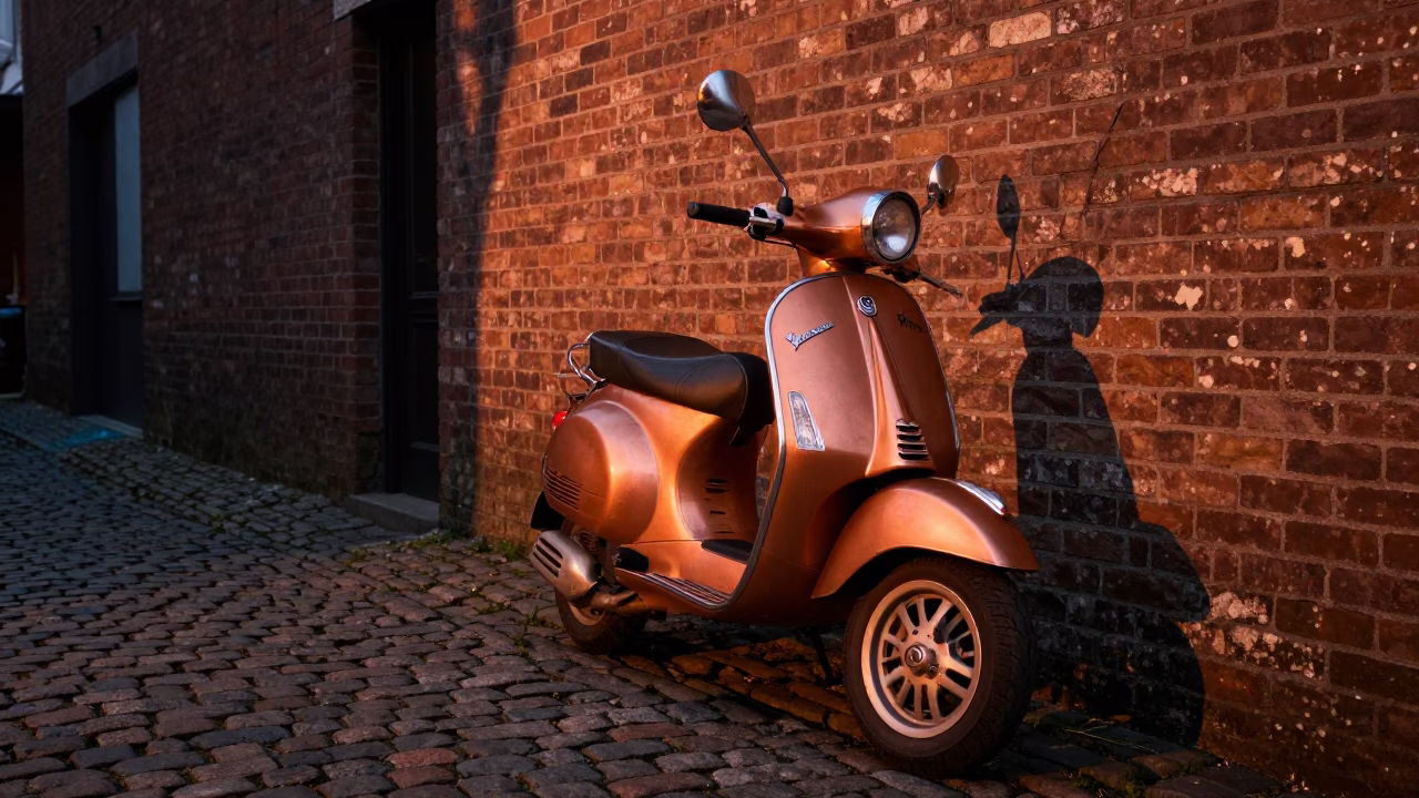 Copper Toned Evening Light in Portland Oregon Vintage Vespa Cobblestone Lane in in Portland, Oregon, United States