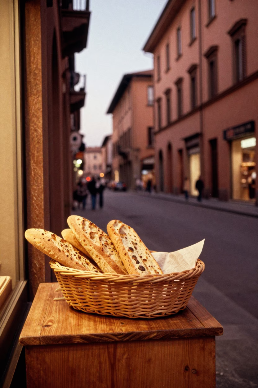 Copper Toned Evening Light on Bologna Street with Bread Basket and Spice Tins in in Bologna, Italy