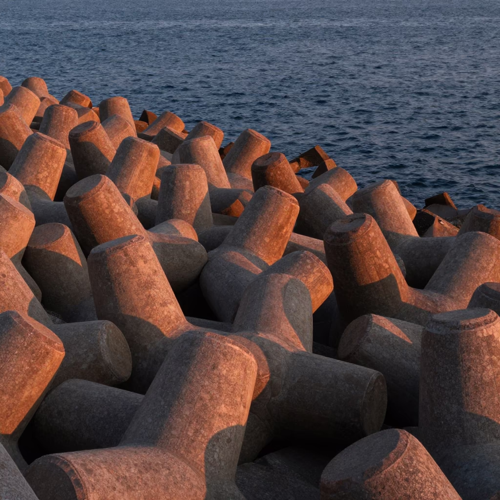 Copper Toned Evening Light on Fukuoka Breakwater Tetrapods and Urban Skyline in in Fukuoka, Japan