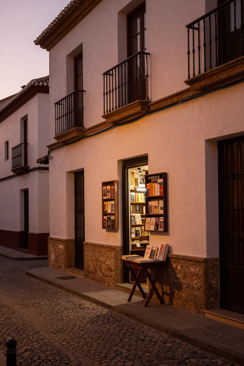 Copper-Toned Evening Light on Granada Street with Paperbacks and Padlock Near Albaicin in in Granada, Spain