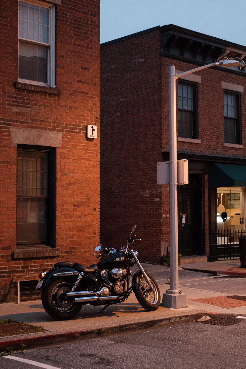 Copper Toned Evening Light on Philadelphia Street Corner with Vintage Motorcycle and City Architecture in in Philadelphia, Pennsylvania, United States