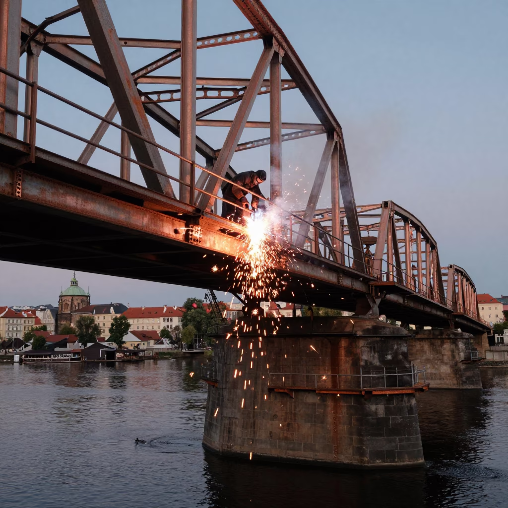 Copper Toned Evening Light on Prague Vltava River Bridge Construction Welding Sparks in in Prague, Czech Republic