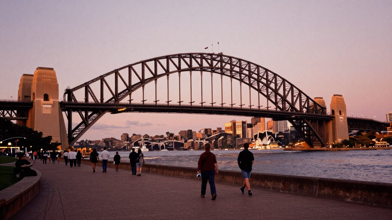 Copper Toned Evening Light on Sydney Harbour Bridge and Circular Quay Promenade in in Sydney, New South Wales, Australia